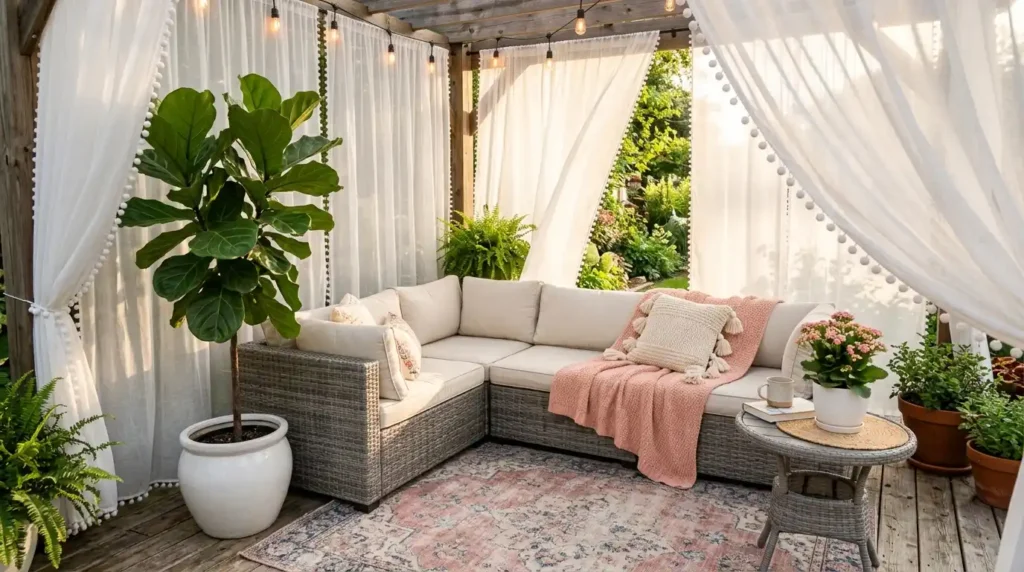 Small patio design with gray wicker sofa, sheer curtains, peach throw blanket and fiddle leaf fig plant