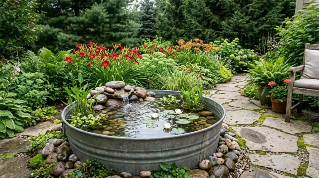 Small patio design with DIY galvanized tub water feature surrounded by river rocks and colorful garden flowers