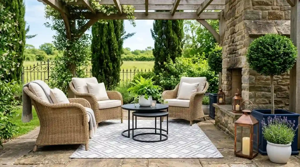 Small patio design with wicker lounge chairs, nesting coffee tables, geometric rug and topiary plants