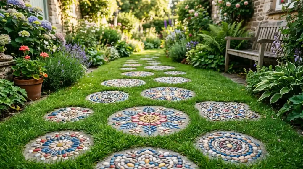 Small patio design with colorful handmade pebble mosaic stepping stones in floral and geometric patterns