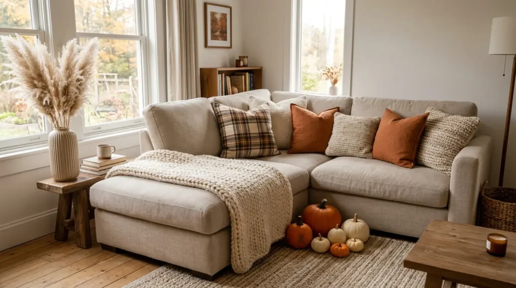 Cozy fall home makeover living room with layered chunky knit throws, rust orange pillows, and pumpkins on a beige sectional sofa