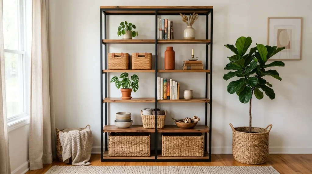 Organized open shelving unit styled with wicker baskets and green plants as part of a fall home makeover declutter reset