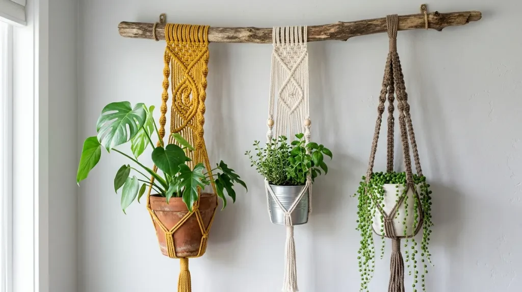 Small patio design idea with three boho macrame hanging planters in yellow cream and brown on rustic branch