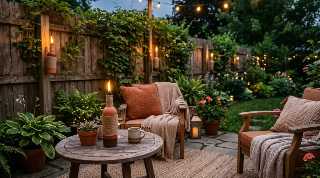 Small patio design with DIY recycled wine bottle tiki torches wrapped in jute twine for budget outdoor ambiance