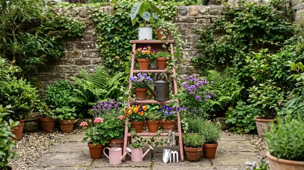 Small patio design idea with pink DIY ladder plant shelf holding terracotta pots and colorful flowers
