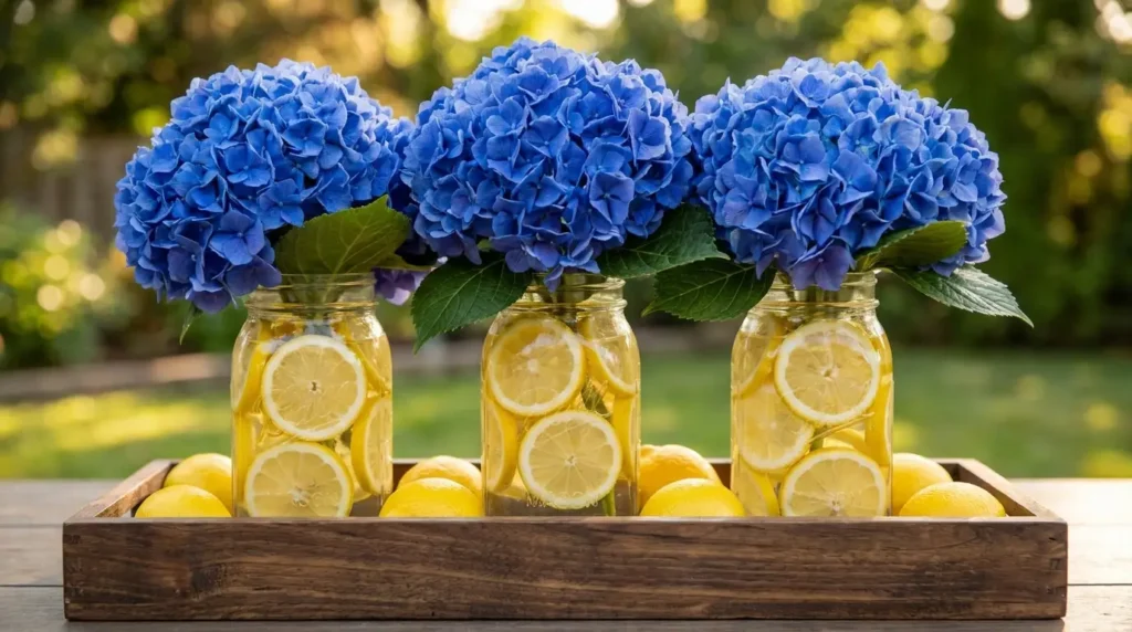 Large blue hydrangea flowers on top of glass jars filled with fresh lemon slices, arranged inside a rustic wooden tray on a summer patio table.