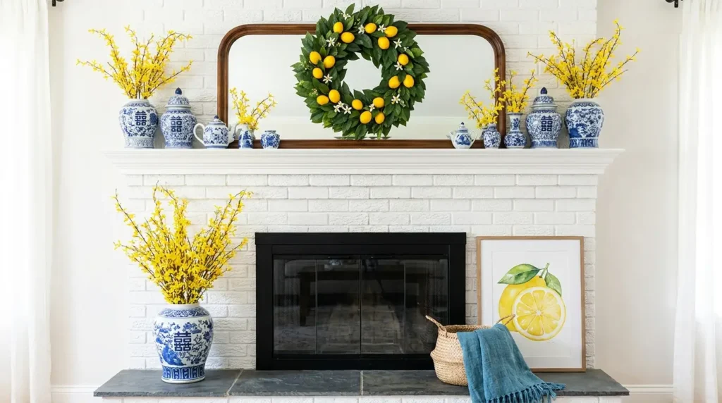 A white brick fireplace mantel decorated with blue and white chinoiserie porcelain jars, yellow flowers, a large wooden framed mirror, and a lemon wreath hanging over it.