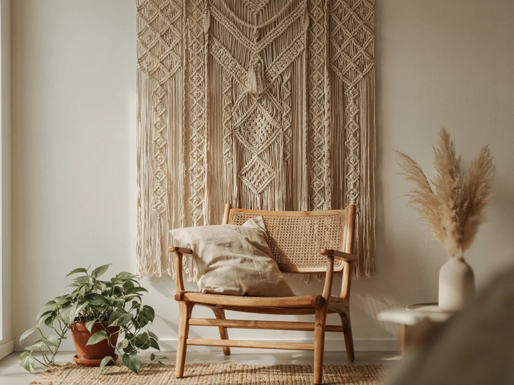 Boho textures mixed with 90s minimalism using rattan and macrame