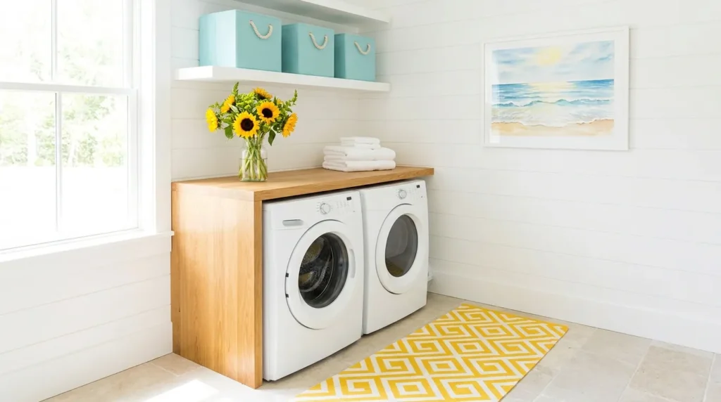 A bright white laundry room with front-loading washer and dryer, turquoise storage bins on a shelf, sunflower vase on the counter, and a yellow geometric runner rug.