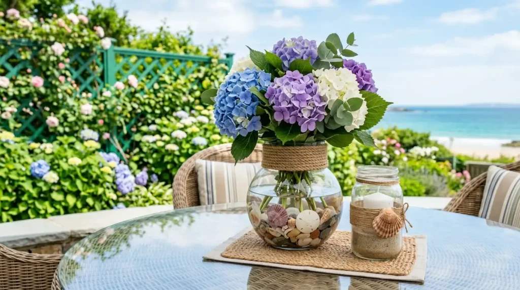 Coastal summer decor idea with blue hydrangeas in a seashell filled glass vase and jute rope candle jar