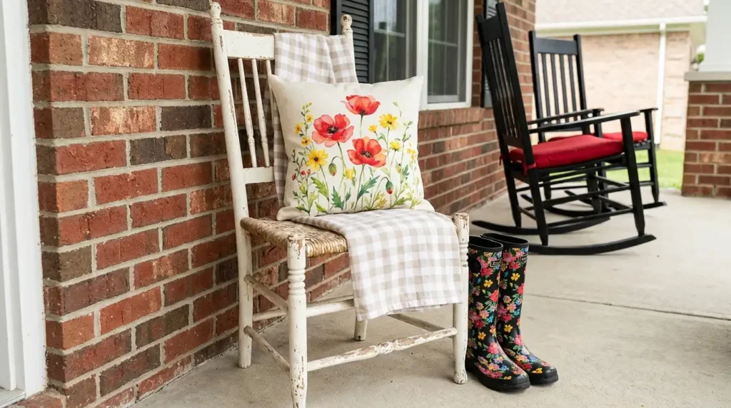 A distressed white wooden chair on a front porch with a text-free floral poppy pillow, a gingham plaid blanket, and floral print rain boots against a brick wall.