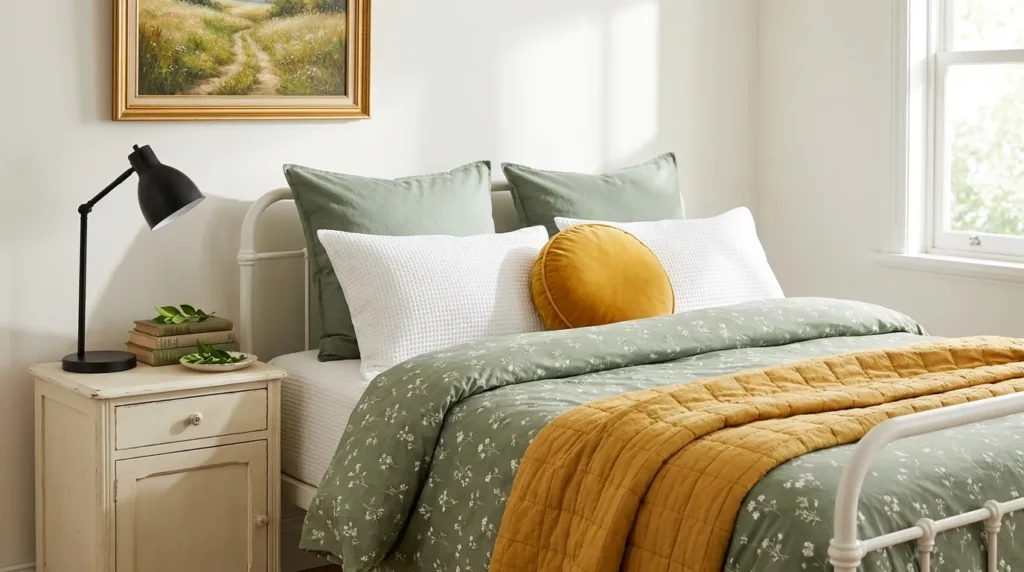 A white metal frame bed styled with olive green floral bedding, a mustard yellow quilted blanket, and a round velvet pillow next to an off-white wooden nightstand with a black lamp.