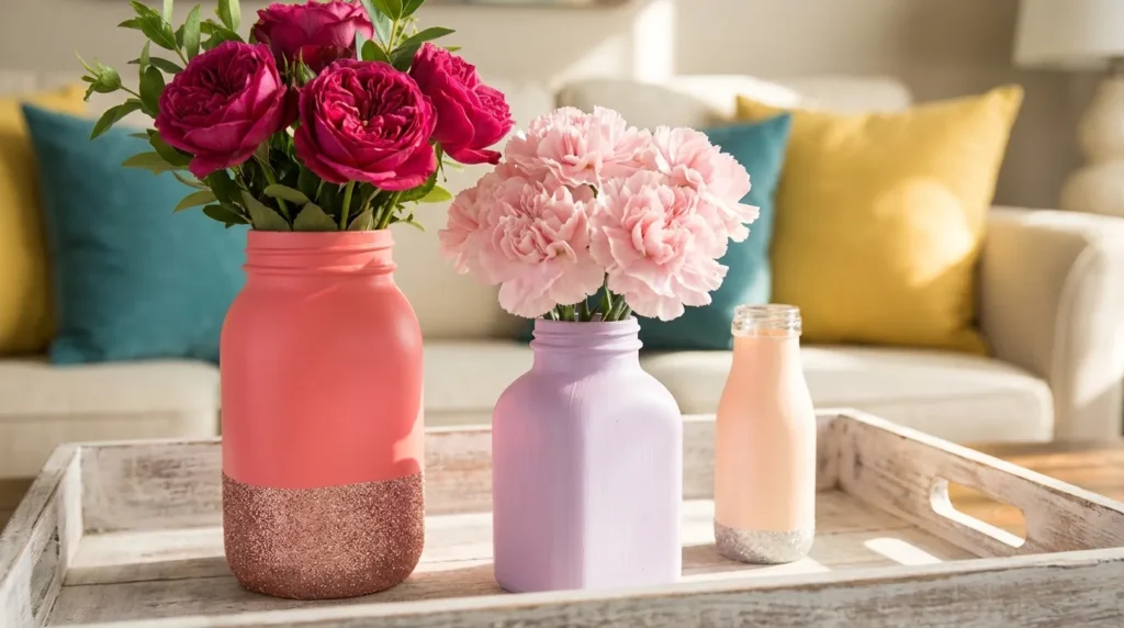 Three pastel painted glass jars in coral pink, lavender, and peach with glitter dipped bases holding fresh magenta roses and pink carnations on a white wooden table.
