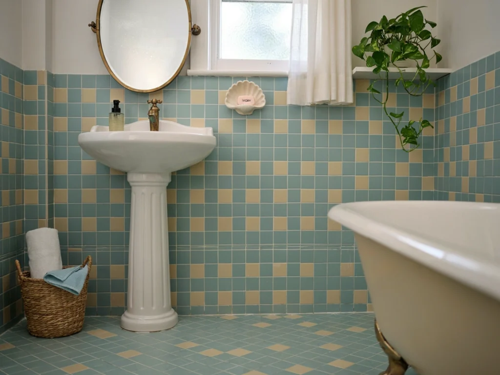 90s bathroom decor with seashell motifs and brass fixtures