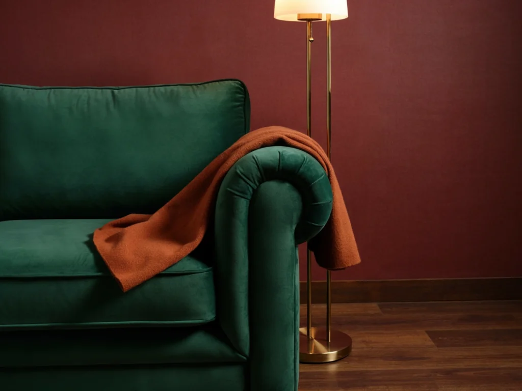 Emerald green velvet chair representing 90s jewel tone decor