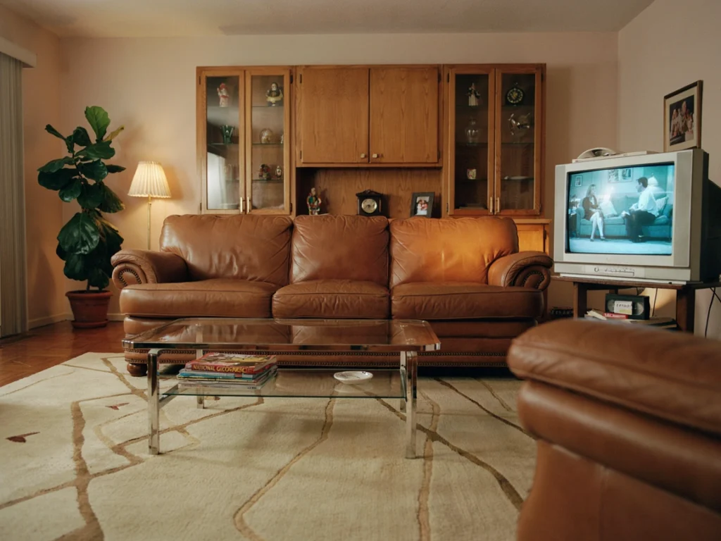 Retro 90s furniture featuring a leather sofa and glass coffee table