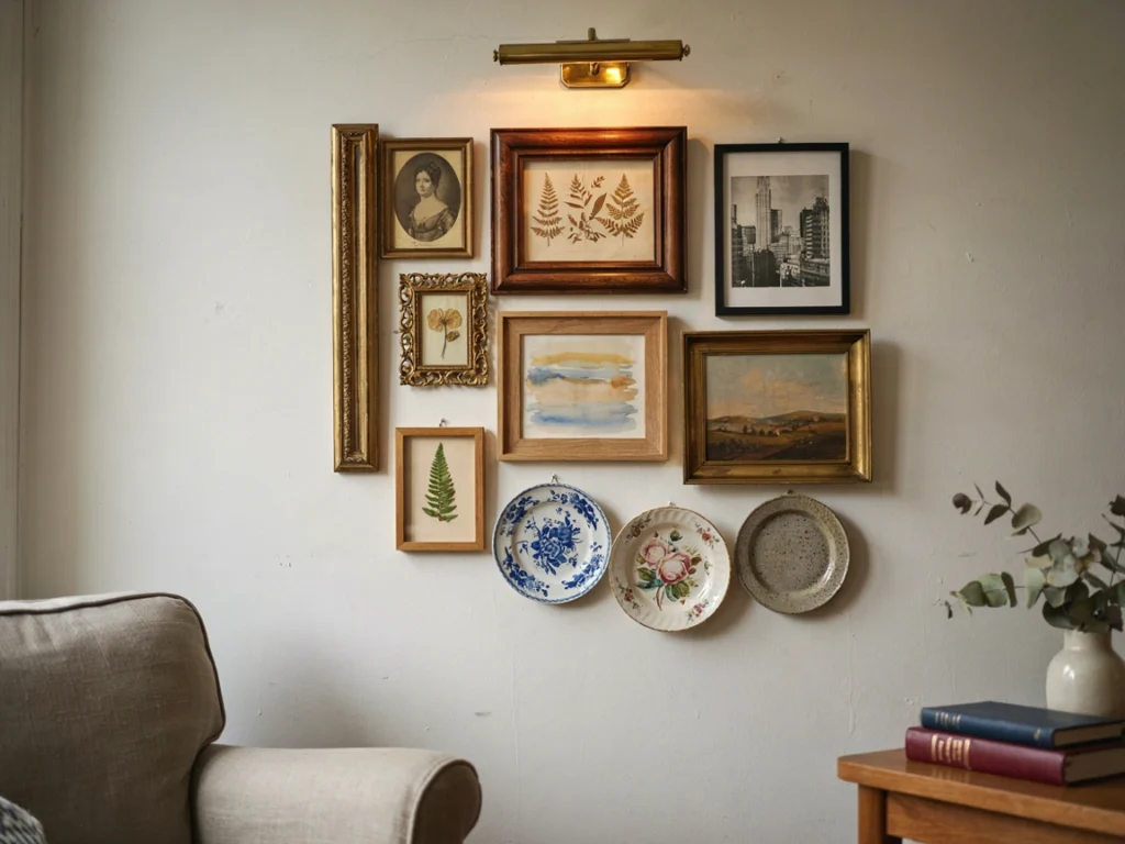 Gallery wall with framed posters and 90s plate collections