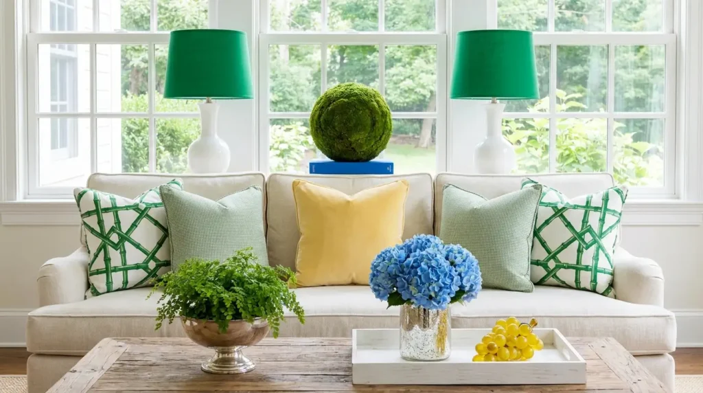 A cream sofa with yellow, green checkered, and lattice-print cushions in front of a window featuring twin green lamps and a moss ball, with a coffee table holding blue hydrangeas.