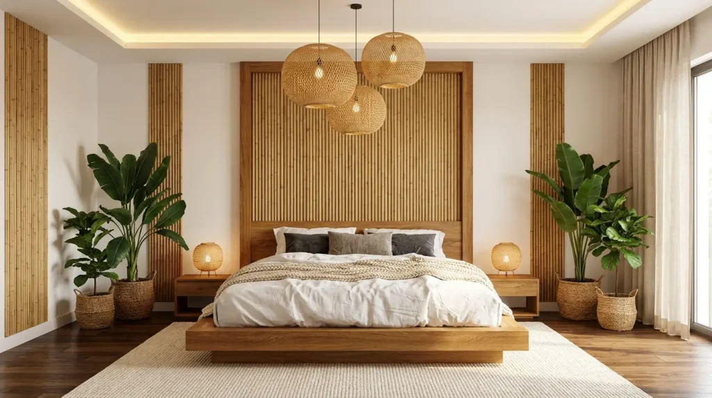Japandi bedroom designs with oversized round bamboo pendant lights, slatted headboard wall panel and indoor tropical plants