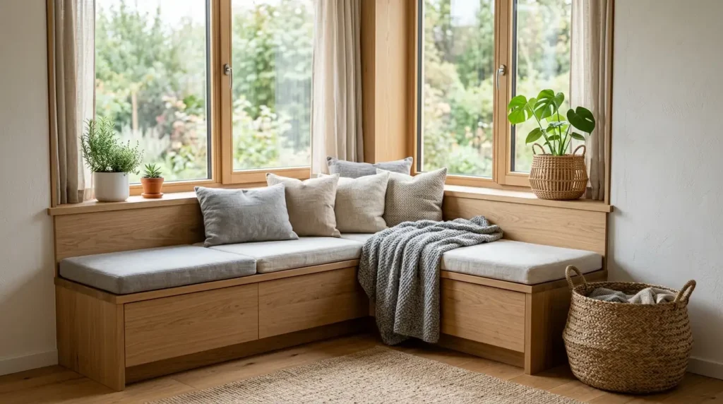 Japandi bedroom designs with L-shaped built-in oak bench seating beneath windows, grey linen cushions and monstera plant