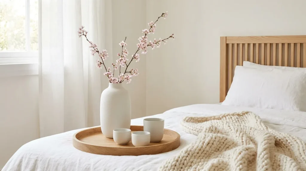 Japandi bedroom designs with handmade white ceramic vase, tea cups on oak tray and cherry blossom branches on linen bed