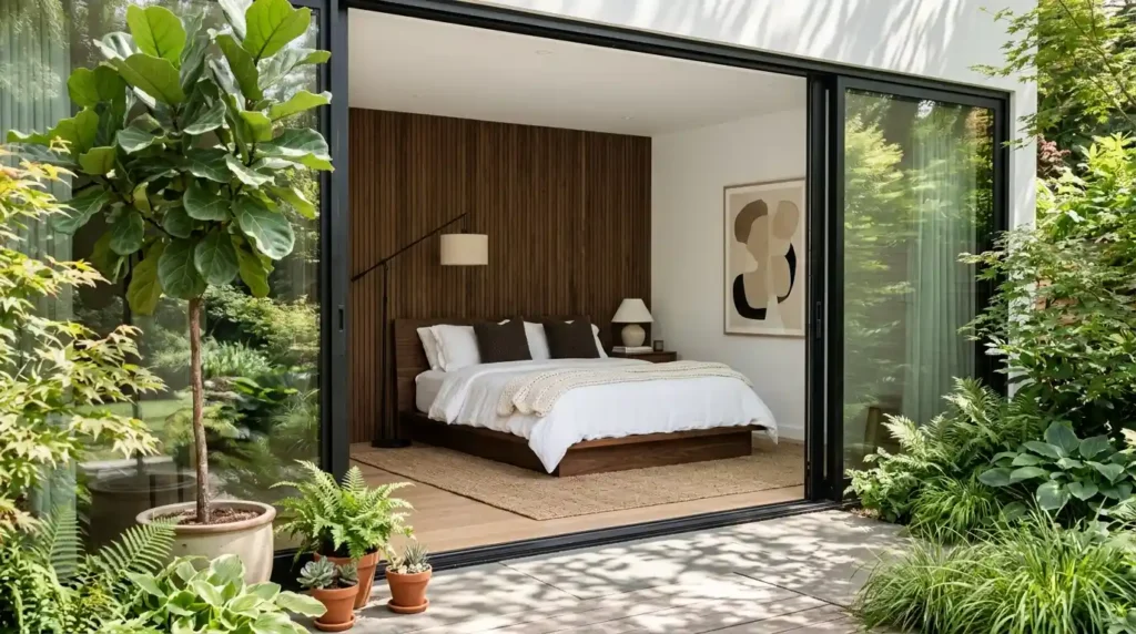 Japandi bedroom designs with floor-to-ceiling black framed glass sliding doors opening to lush garden patio and outdoor area