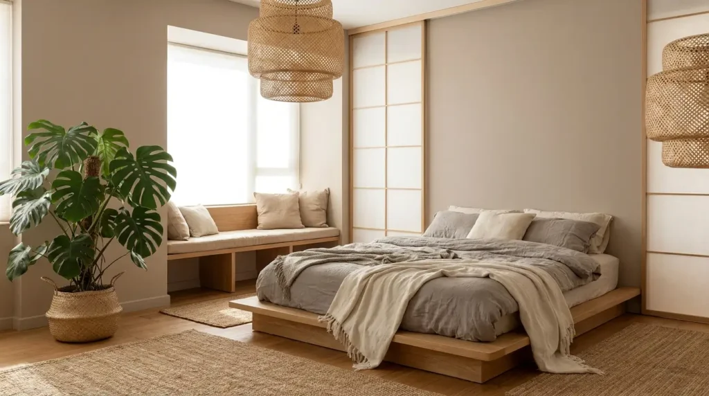 Japandi bedroom design with low platform bed, bamboo pendant lights, monstera plant and shoji screen panels