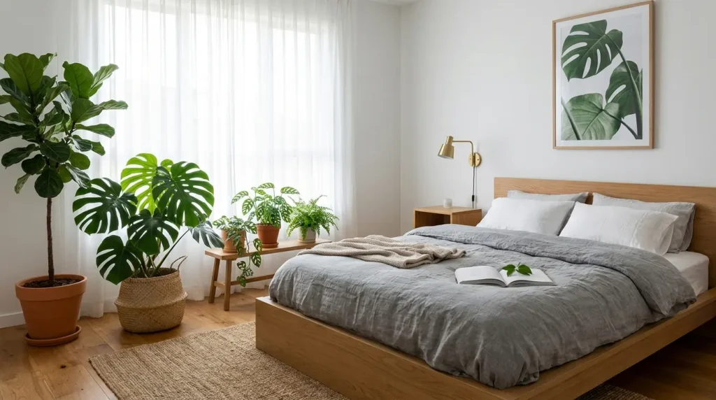 Japandi bedroom designs with large monstera and fiddle leaf fig indoor plants, grey linen bedding and botanical wall art