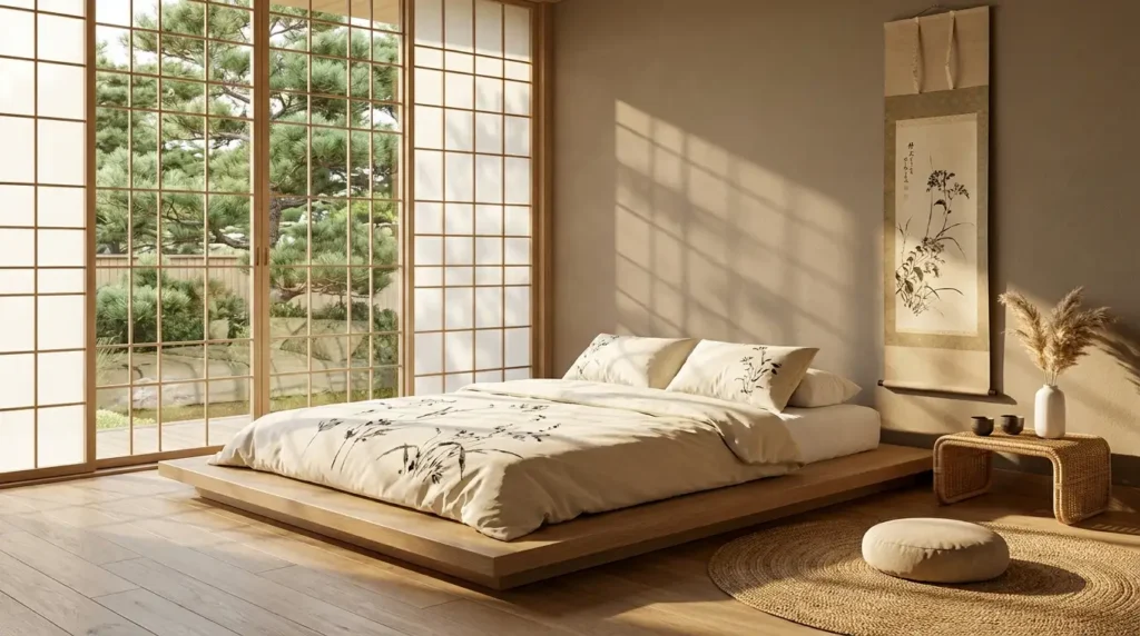 Japandi bedroom designs with traditional Japanese futon bedding, botanical scroll wall art and garden grid window view