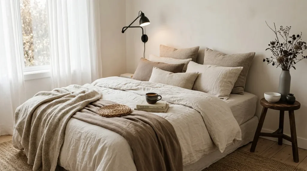 Japandi bedroom designs with layered cotton and wool linen bedding in cream and taupe tones with black swing arm wall lamp