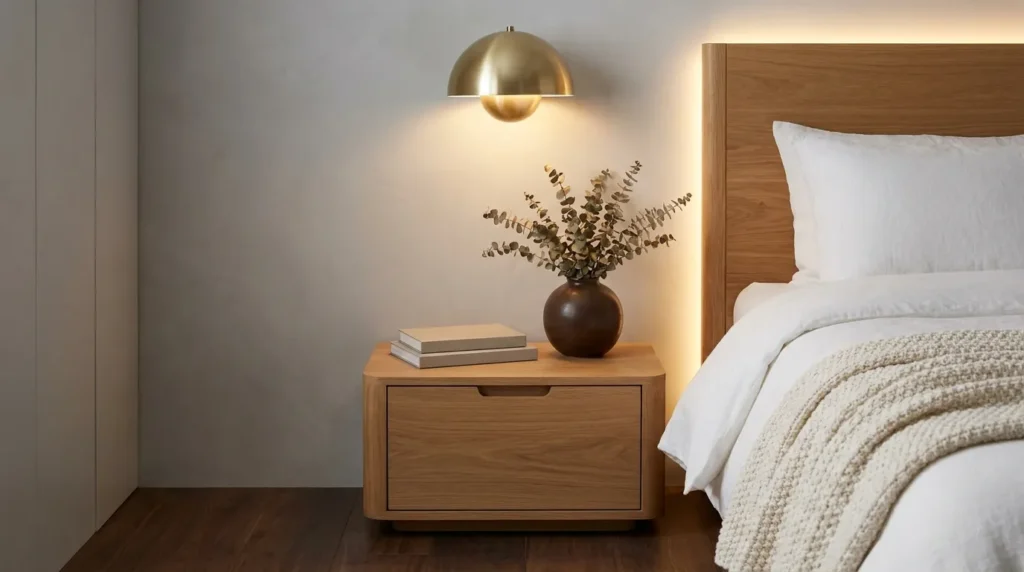 Japandi bedroom designs with low profile oak wood bedside table, gold wall sconce and ceramic vase with eucalyptus