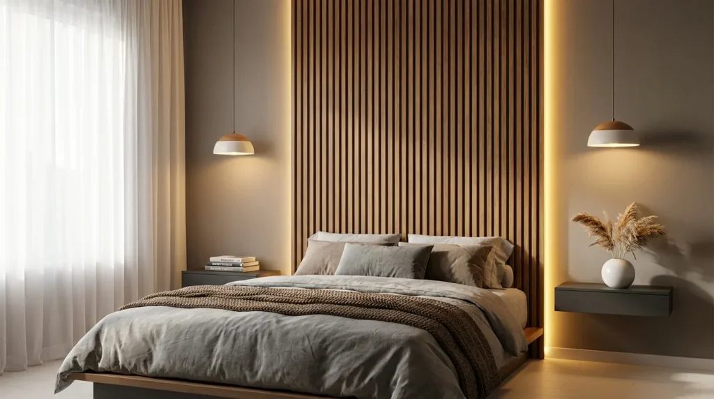 Japandi bedroom designs with minimalist half dome pendant sconces, backlit wood slatted accent wall and grey linen bedding
