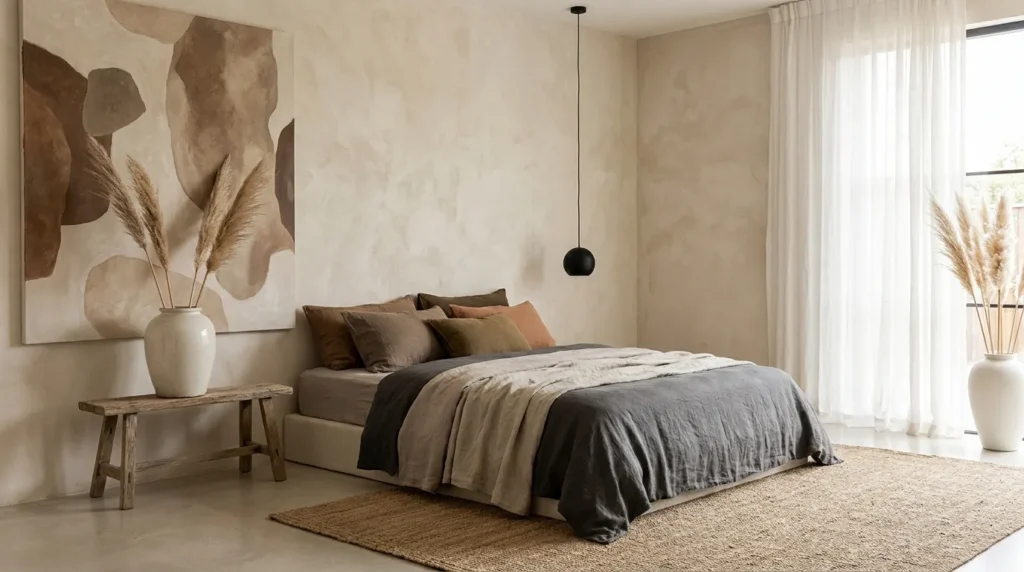 Japandi bedroom designs with large muted tone abstract wall art, textured plaster wall and grey linen bedding