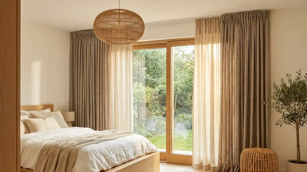 Japandi bedroom designs with floor-to-ceiling natural linen curtains, rattan pendant light and oak sliding glass door