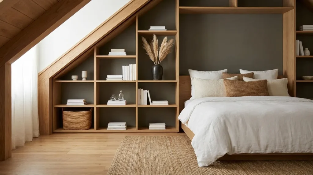 Japandi bedroom designs with built-in open oak wall shelving, pampas grass decor, books and ceramic vases beside bed