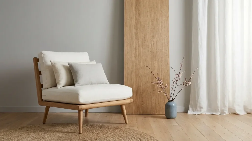 Japandi bedroom designs with Scandinavian style oak wood lounge chair, cream linen cushions and dried branch decor