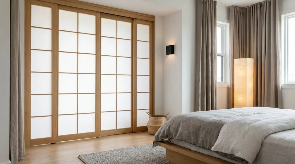 Japandi bedroom designs with sliding shoji screen closet doors, oak wood frame and soft diffused natural light