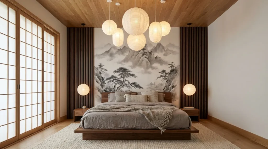 Japandi bedroom designs with soft diffused Japanese paper lantern lights, ink wash mountain mural and wood slatted panels