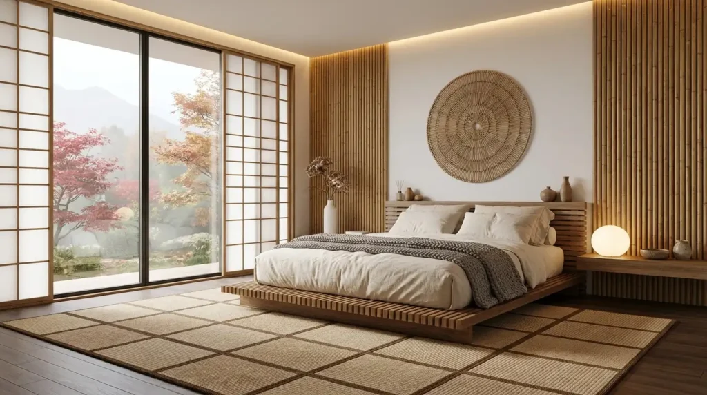 Japandi bedroom designs with tatami mat inspired area rug, bamboo slatted wall panels and autumn mountain view window