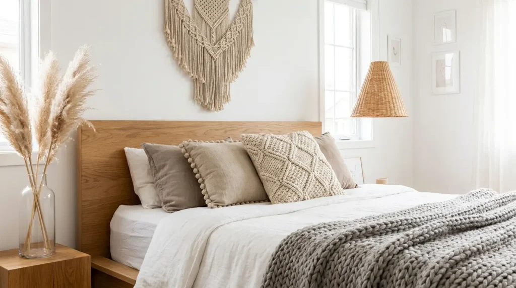 Japandi bedroom designs with layered textured accent pillows, chunky knit throw blanket and macrame wall hanging
