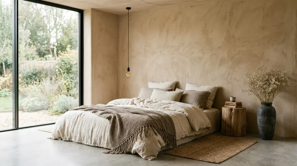 Japandi bedroom designs with textured clay plaster walls, raw wood stump side table and cream linen bedding