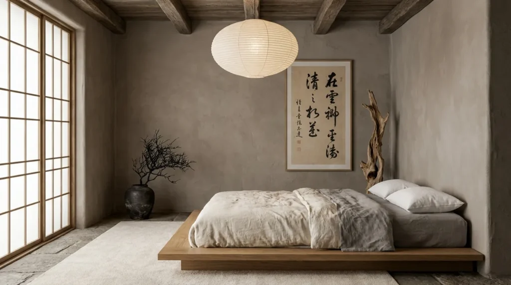 Japandi bedroom designs with Wabi-Sabi decor, textured plaster walls, driftwood sculpture and Japanese calligraphy scroll art