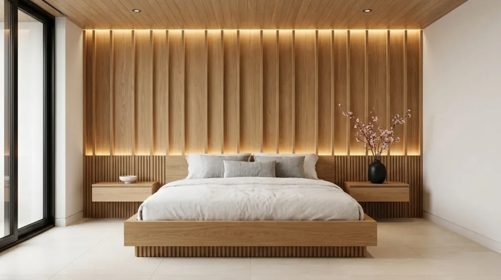 Japandi bedroom designs with floor-to-ceiling wooden slatted wall panels, LED accent lighting and low platform bed