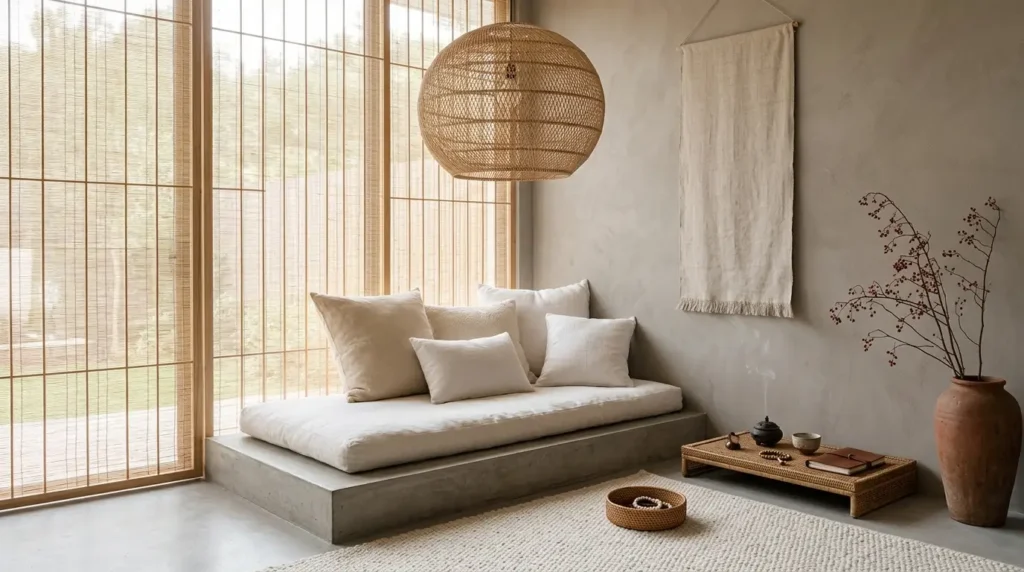 Japandi bedroom designs with zen meditation corner, floor cushions, oversized rattan pendant light and dried branch vase