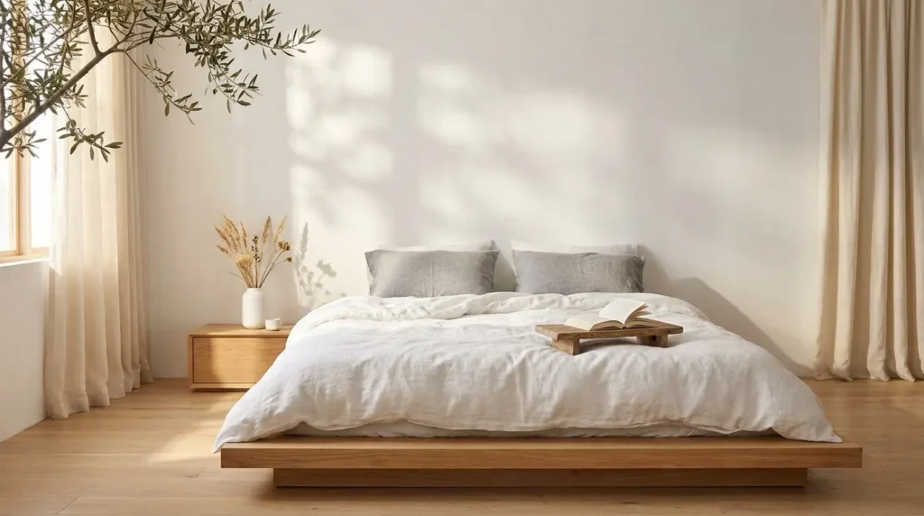Japandi bedroom design with ultra-low wooden platform bed, white linen bedding and olive tree branches
