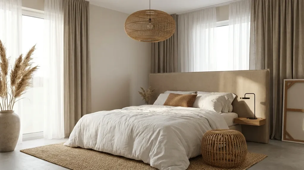 Japandi bedroom with neutral beige and white color palette, round rattan pendant light and sheer curtains