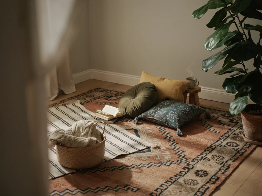 Layered rugs and plants used in 90s bohemian home decor