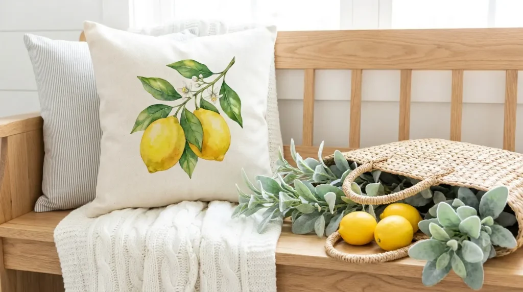 A cream linen pillow with watercolor lemon print resting on a wooden bench next to a white knit blanket and a woven straw bag filled with green foliage and fresh lemons.