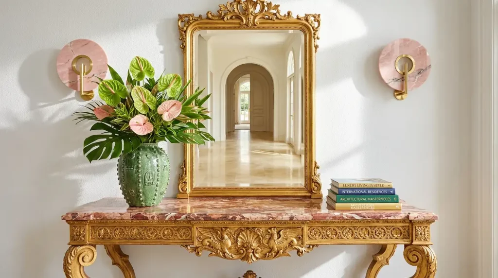 Ornate gilded console table with complex relief and pink marble top in a bright entryway, holding a unique green textured vase with fresh anthuriums, a large gilded mirror, and new interior design books.