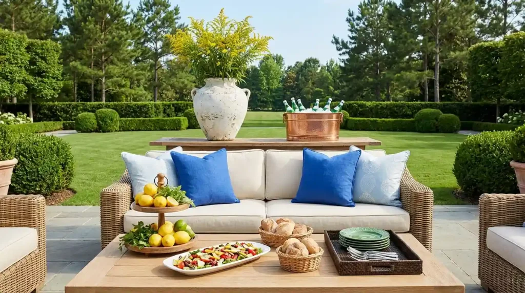 A high-end wicker sofa with blue cushions on a stone patio next to a coffee table filled with food platters, fresh bread, and a tiered lemon stand, overlooking a lush green backyard garden.